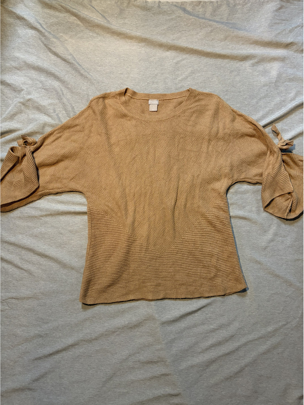 Chico’s Size 1 (Medium) Tan Knit Sweater Bell Sleeves Bow Tie Detail Pullover
